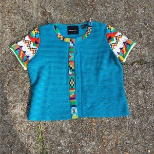 Michael Simon Blue Button Down Blouse with Beaded Trim size Large